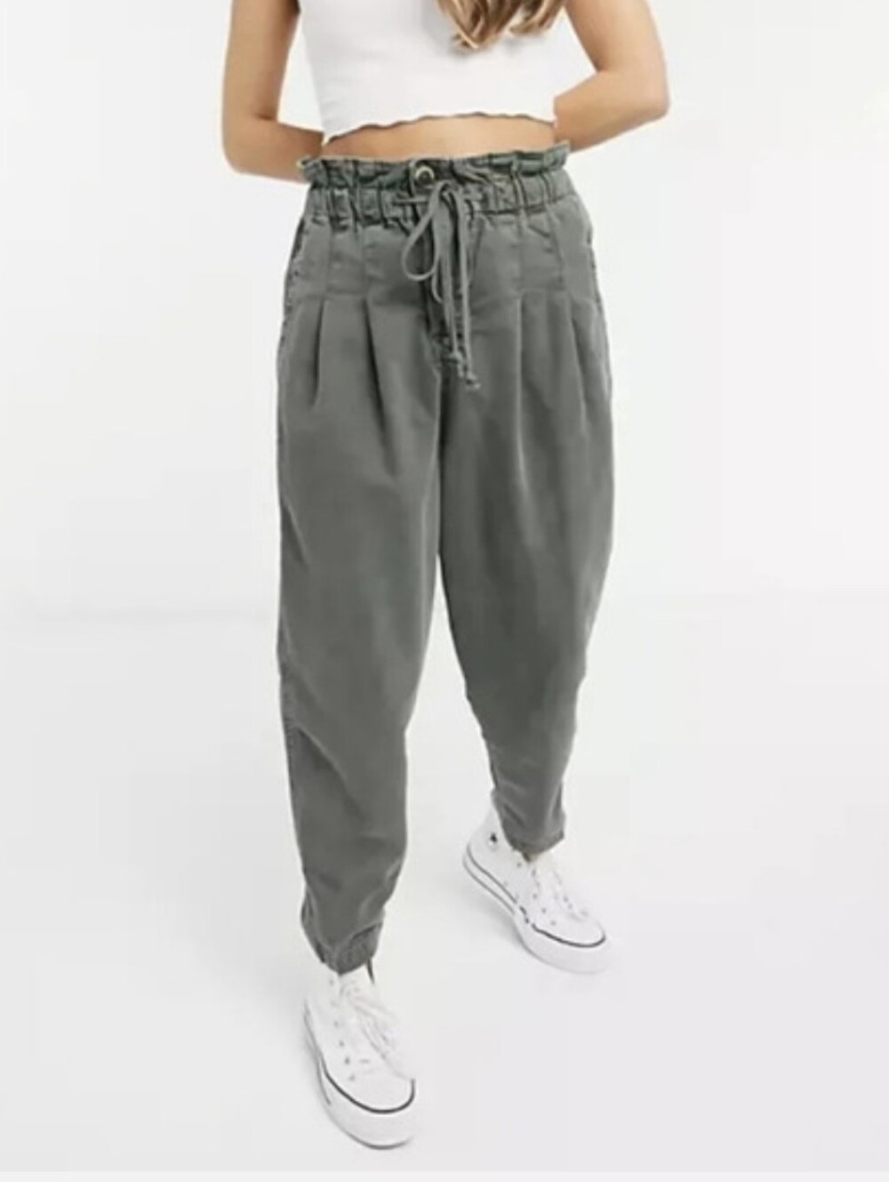 Free People Olive Paperbag Waist Tapered Trousers